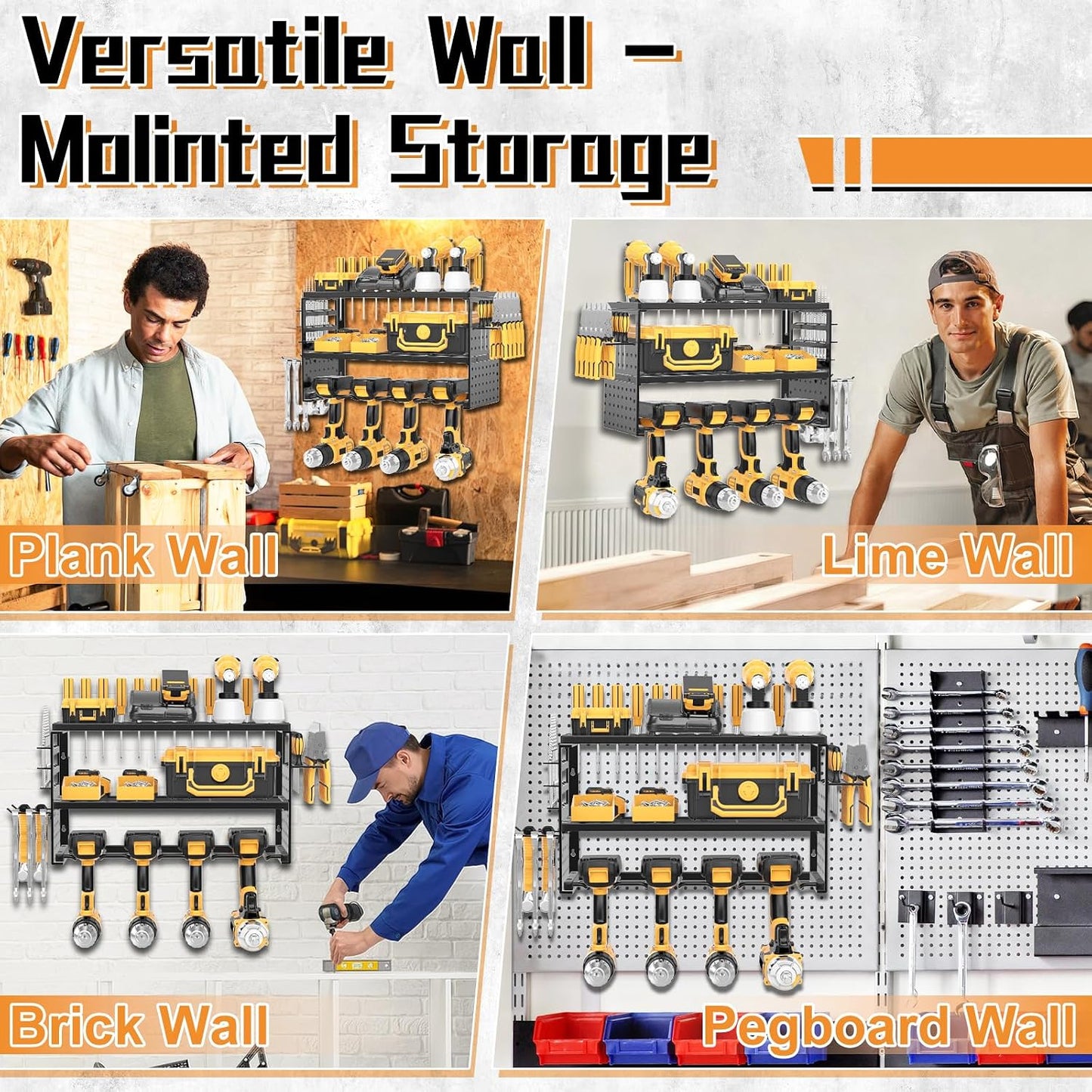  Support Mural Pour Outils électriques, Capacité De Charge De 68 Kg Avec 4 Supports De Perceuse, étagère Utilitaire à 3 Couches Pour Rangement De Garage Et D'atelier (noir)