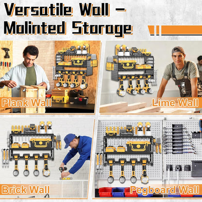  Support Mural Pour Outils électriques, Capacité De Charge De 68 Kg Avec 4 Supports De Perceuse, étagère Utilitaire à 3 Couches Pour Rangement De Garage Et D'atelier (noir)