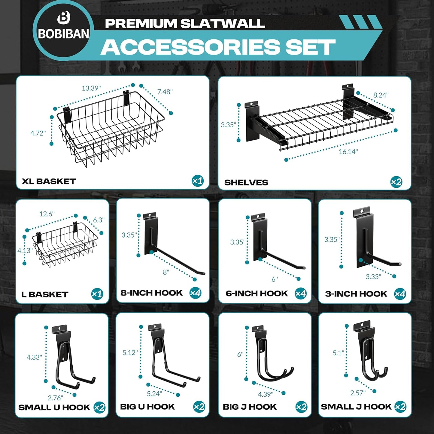  Lot De 24 Accessoires Pour Mur à Lattes En Métal, étagères Et Crochets, Kit De Rangement Mural à Lattes Robustes Pour Magasins, Garage Et Rangement De Pièce (noir, 24 Pièces)