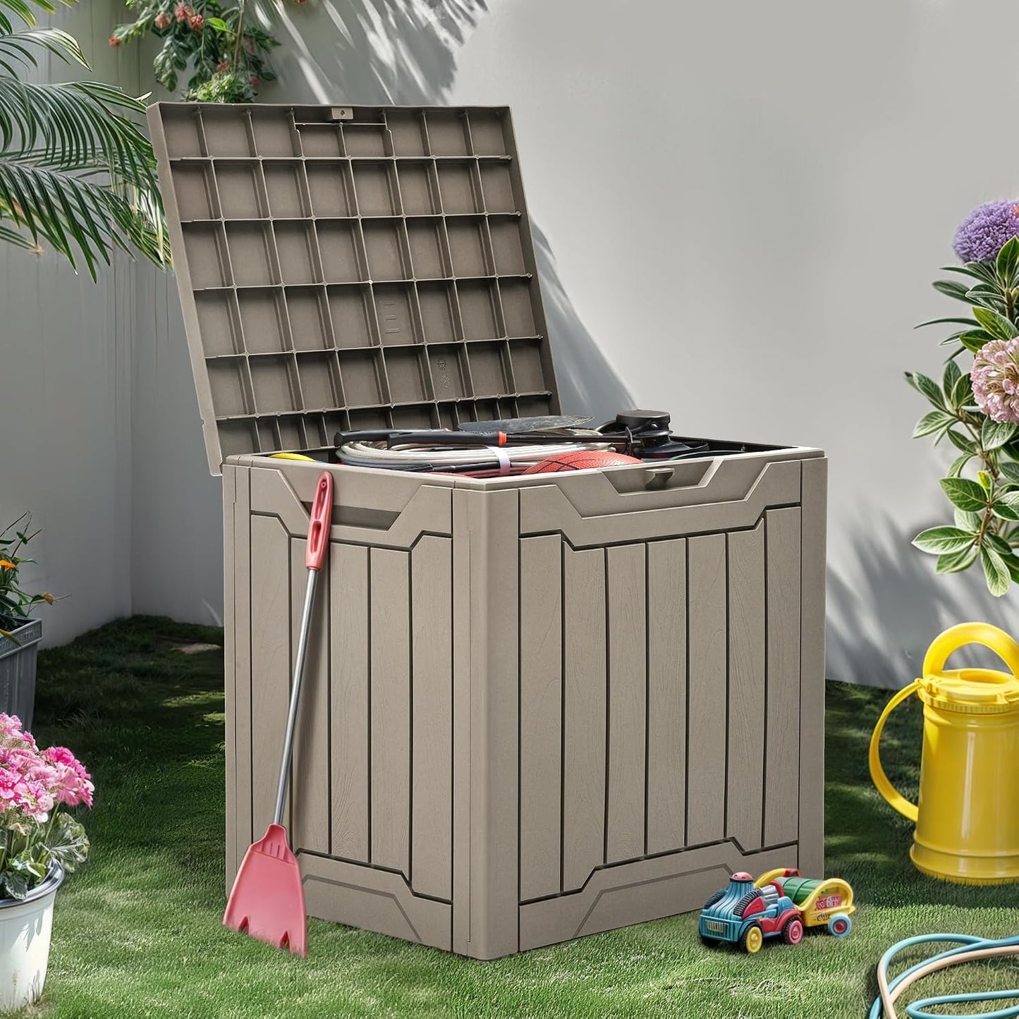 YITAHOME Boîte De Rangement D'extérieur En Résine De 100 Litres, Résistante à L'eau, Boîte De Rangement D'extérieur Pour Oreillers, Matériel De Jardin, Verrouillable En Toute Sécurité, Marron Clair