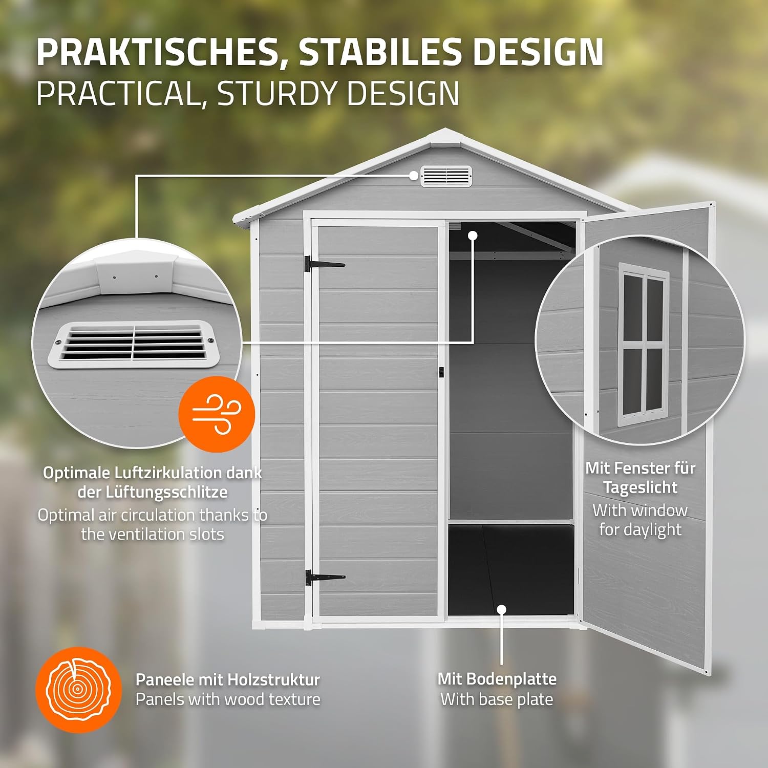  ECD Germany Abri De Jardin Avec Plancher En Résine PP 5m³ Gris Clair, Toit Double Pente, Fenêtre, Porte Double, Ventilation, Cabane De Rangement Extérieur 151x182x220 Cm, Résistant Aux Intempéries