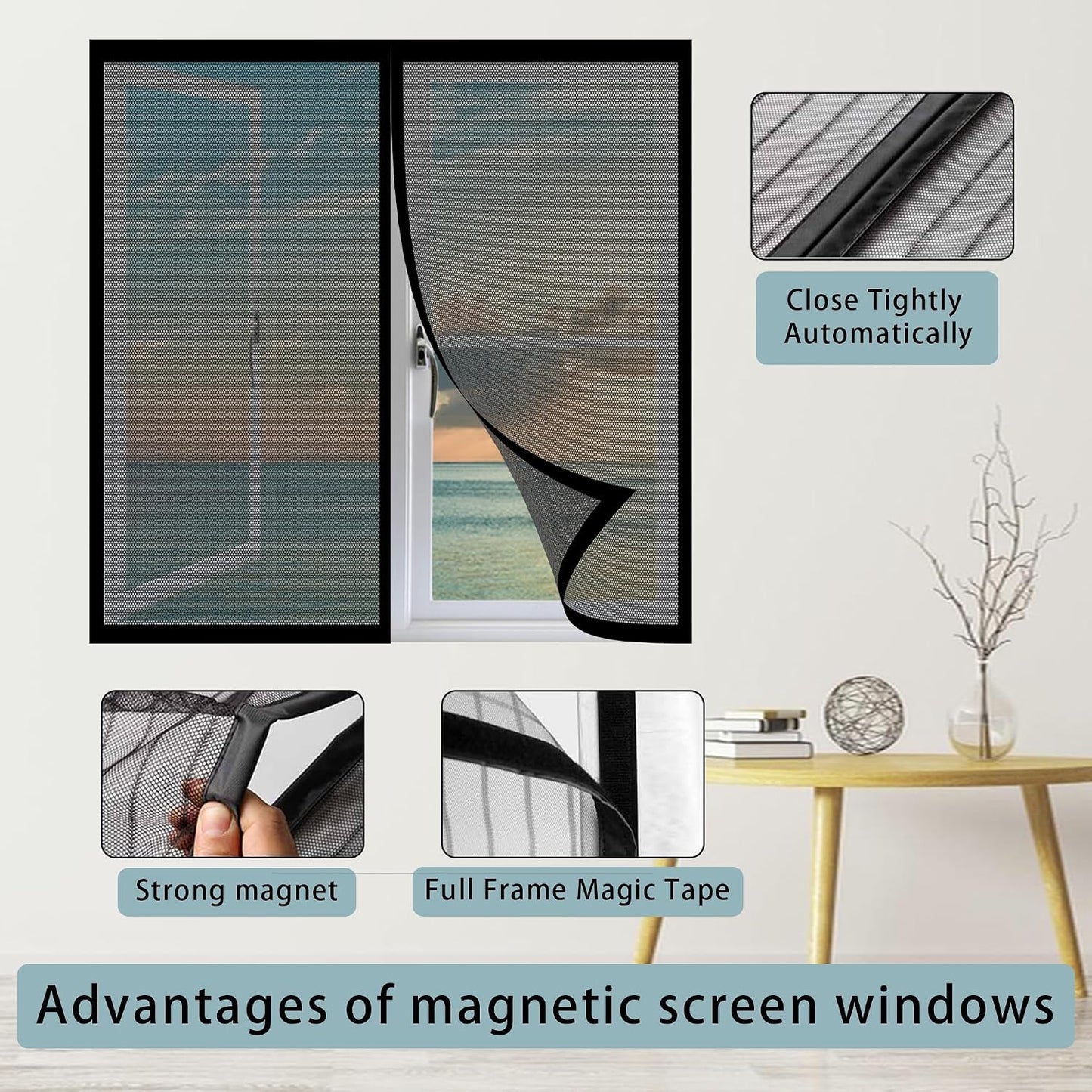  Magnetic Mosquito Net For Windows, 137 X 128 Cm, Adjustable Easy To Install Automatic Closing For Bay Window, Black