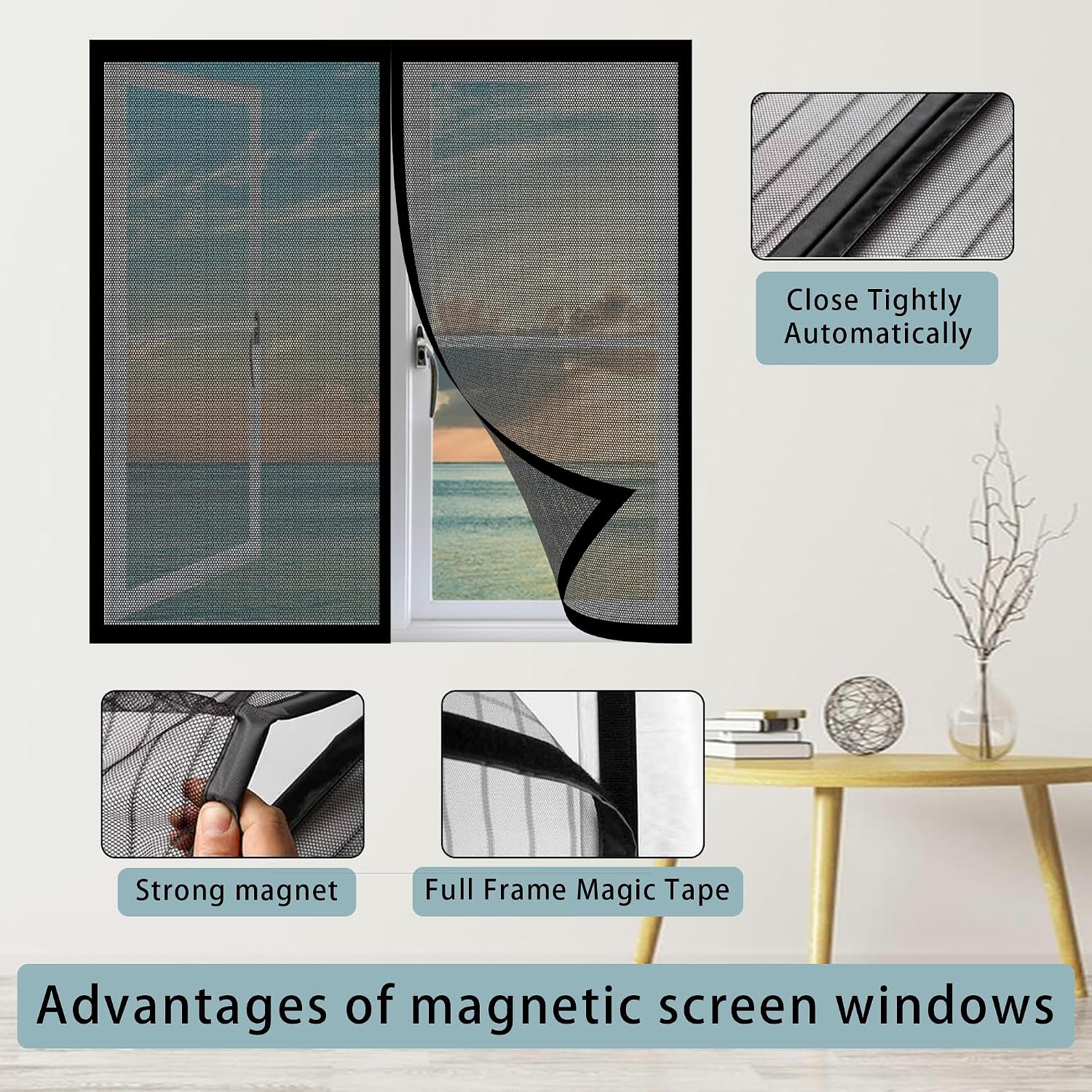  Magnetic Mosquito Net For Windows, 137 X 128 Cm, Adjustable Easy To Install Automatic Closing For Bay Window, Black