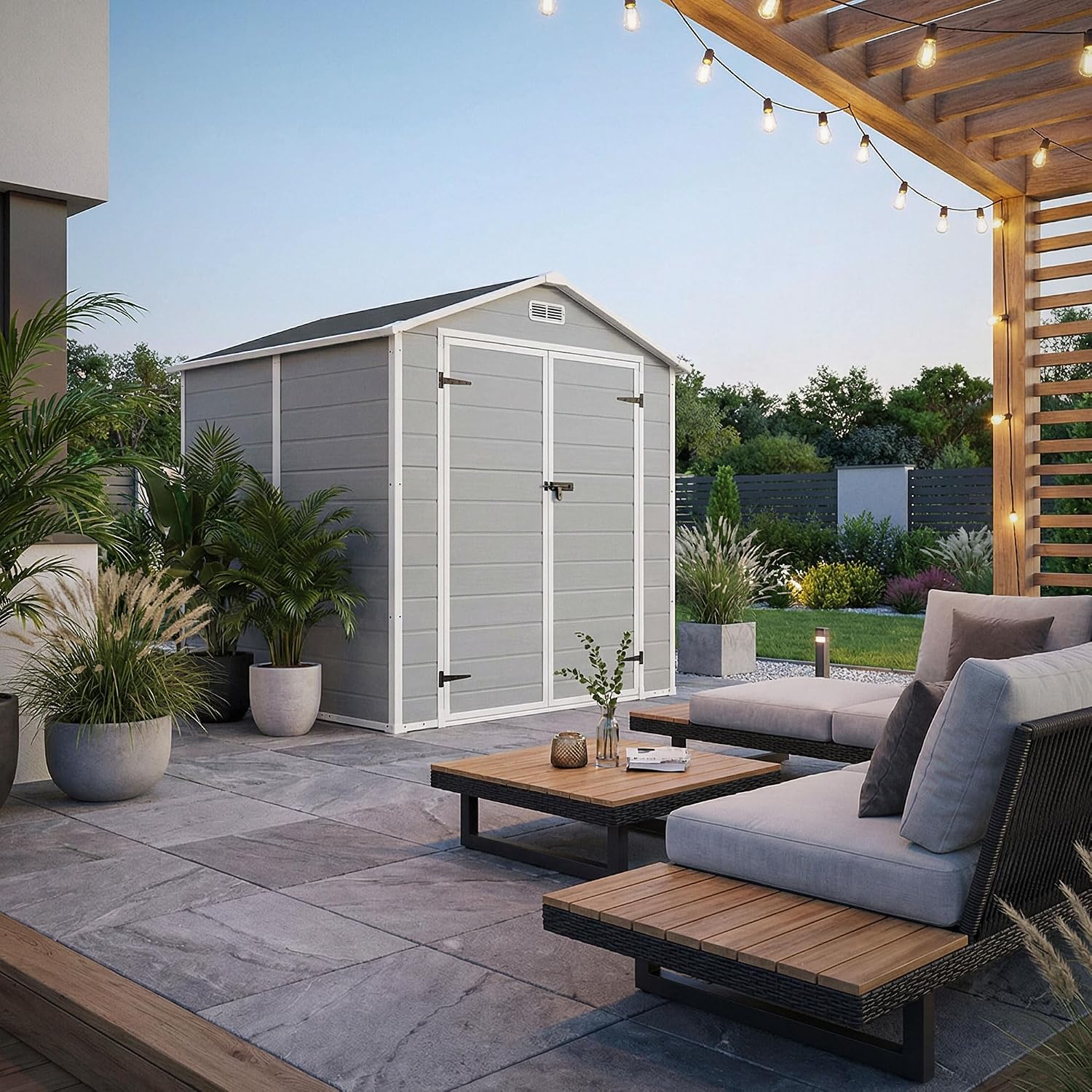  ECD Germany Abri De Jardin Avec Plancher En Résine PP 5m³ Gris Clair, Toit Double Pente, Fenêtre, Porte Double, Ventilation, Cabane De Rangement Extérieur 151x182x220 Cm, Résistant Aux Intempéries
