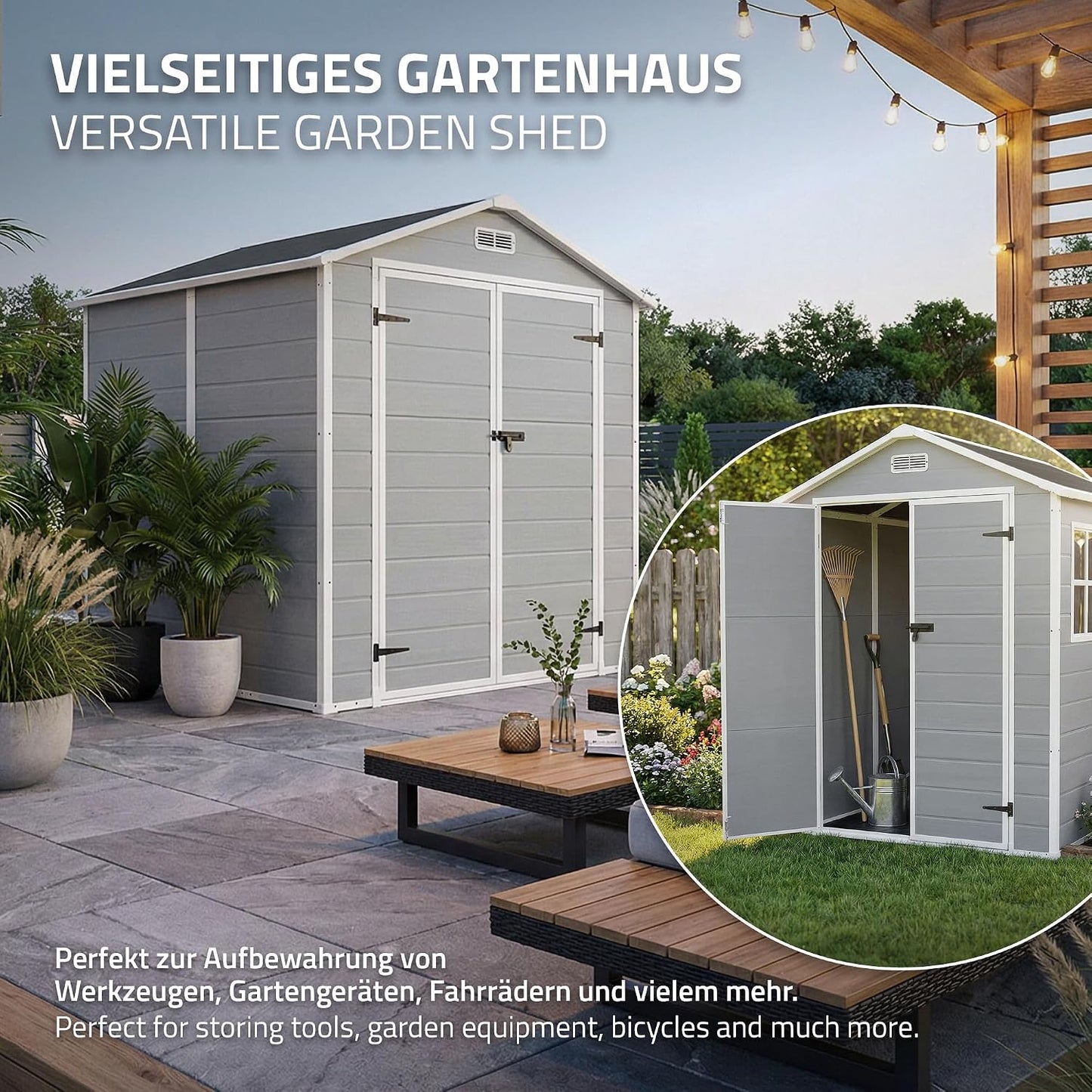  ECD Germany Abri De Jardin Avec Plancher En Résine PP 5m³ Gris Clair, Toit Double Pente, Fenêtre, Porte Double, Ventilation, Cabane De Rangement Extérieur 151x182x220 Cm, Résistant Aux Intempéries