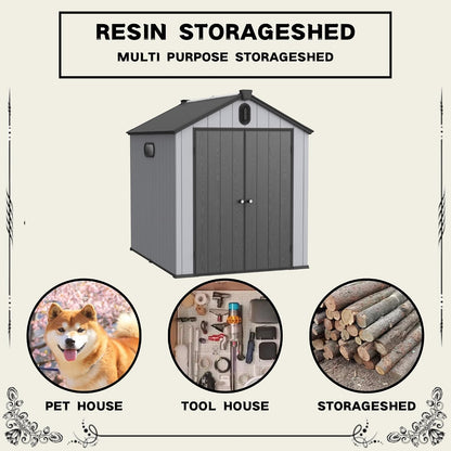  Abri De Jardin Résine 187x240 Cm – Cabanon Rangement Extérieur, Toit-Pointu, Double-paroi, Porte 180° – Pour Outils, Vélos, Tondeuse – Gris/Blanc