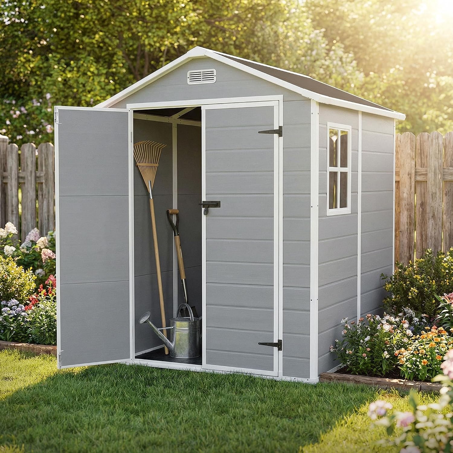  ECD Germany Abri De Jardin Avec Plancher En Résine PP 5m³ Gris Clair, Toit Double Pente, Fenêtre, Porte Double, Ventilation, Cabane De Rangement Extérieur 151x182x220 Cm, Résistant Aux Intempéries