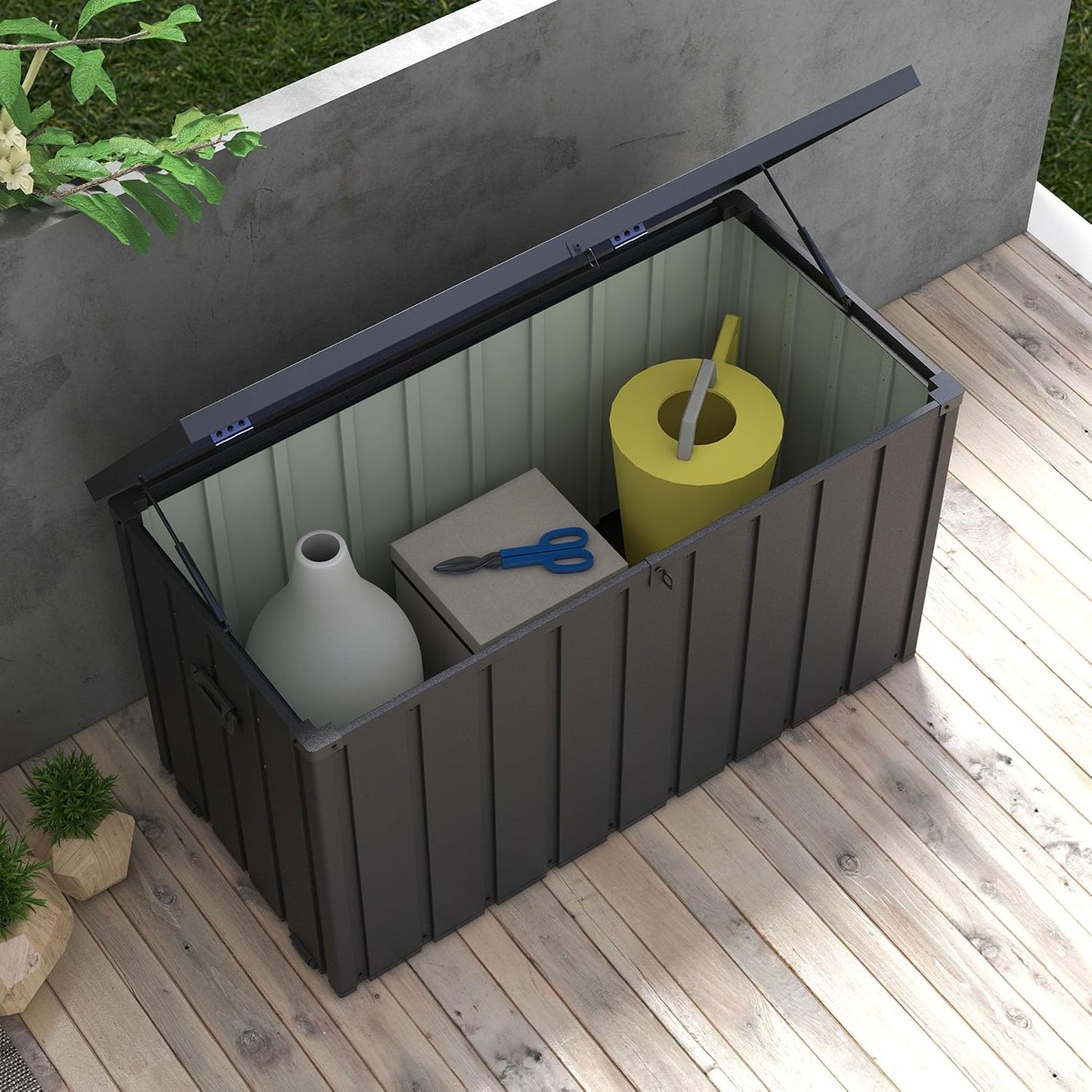  Outsunny Coffre De Rangement, Malle De Jardin, Capacité 450 L, Avec Poignée, Roulettes Et Vérin à Gaz, En Métal, 125,5 X 61,5 X 70 Cm, Gris Foncé
