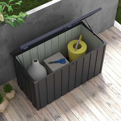  Outsunny Coffre De Rangement, Malle De Jardin, Capacité 450 L, Avec Poignée, Roulettes Et Vérin à Gaz, En Métal, 125,5 X 61,5 X 70 Cm, Gris Foncé