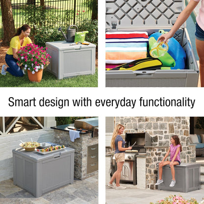  Rubbermaid Coffre De Terrasse D'extérieur Facile à Installer - Taille M - Résistant Aux Intempéries - Gris - Pour Pelouse, Jardin, Piscine, Rangement D'outils, Organisation De La Maison