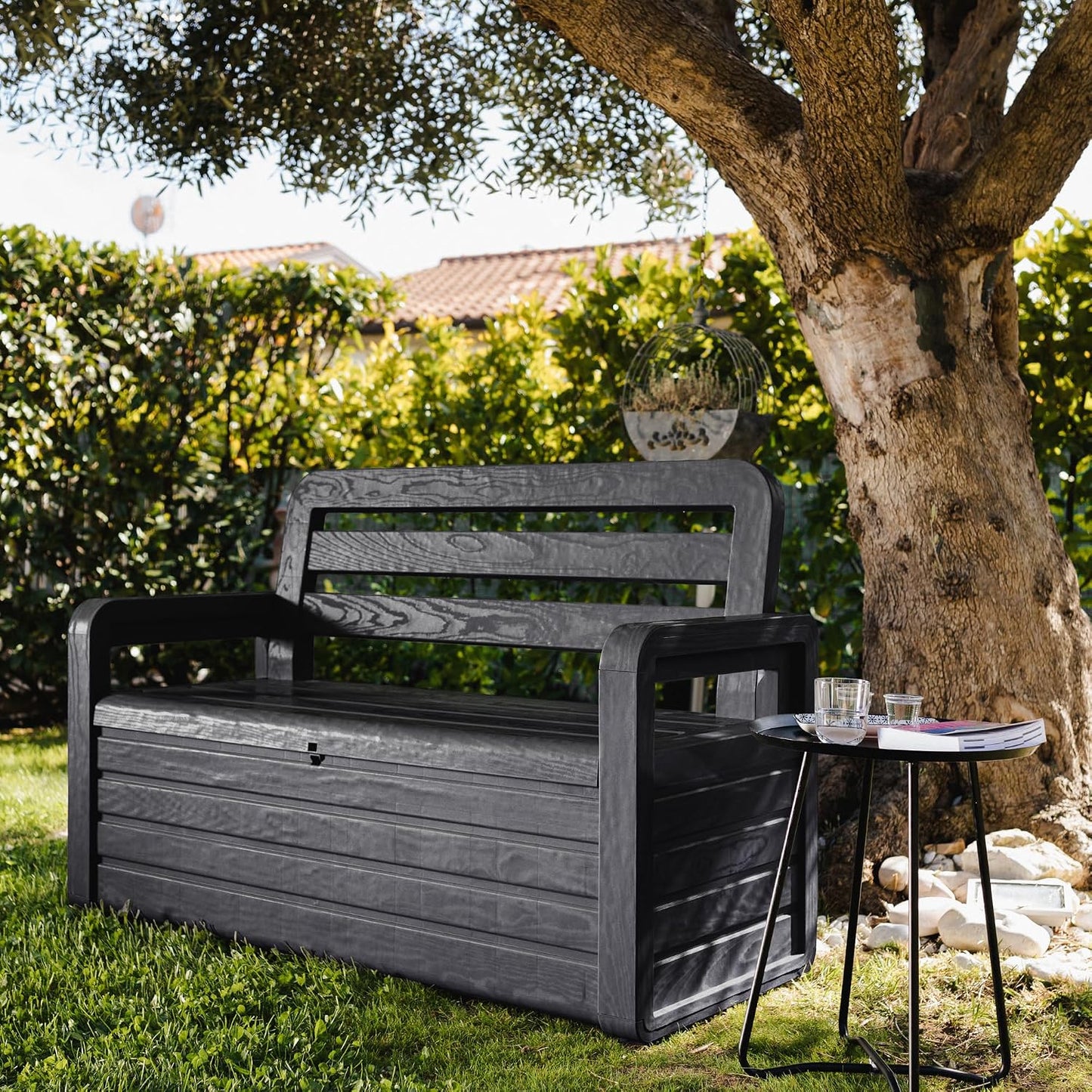  Toomax Coffre Foreverspring Avec Assise 2 Personnes 270 L, En Plastique Effet Bois, Dimensions 132,5 X 58 X 89 Cm, Article 599, Couleur : Anthracite
