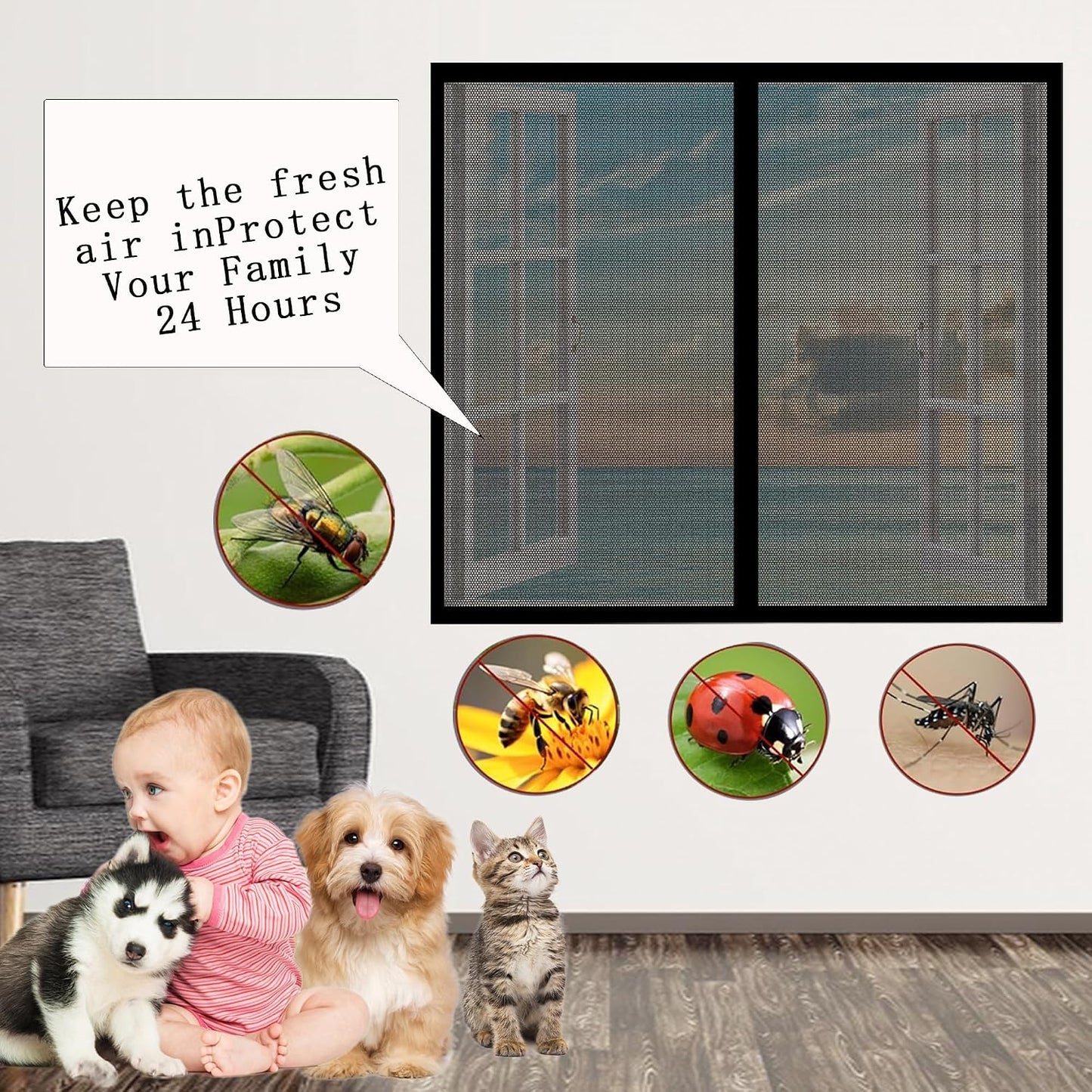  Magnetic Mosquito Net For Windows, 137 X 128 Cm, Adjustable Easy To Install Automatic Closing For Bay Window, Black