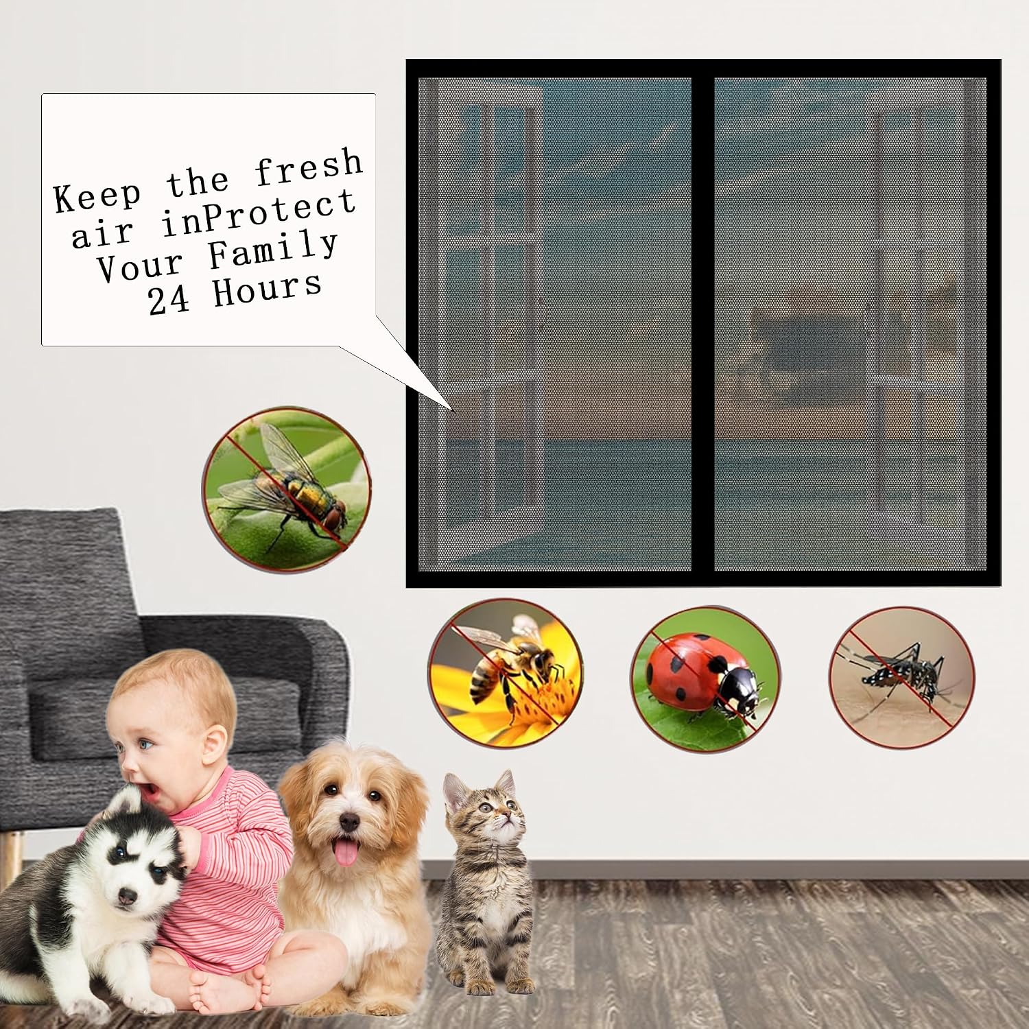  Magnetic Mosquito Net For Windows, 137 X 128 Cm, Adjustable Easy To Install Automatic Closing For Bay Window, Black