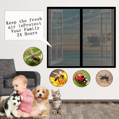  Magnetic Mosquito Net For Windows, 137 X 128 Cm, Adjustable Easy To Install Automatic Closing For Bay Window, Black