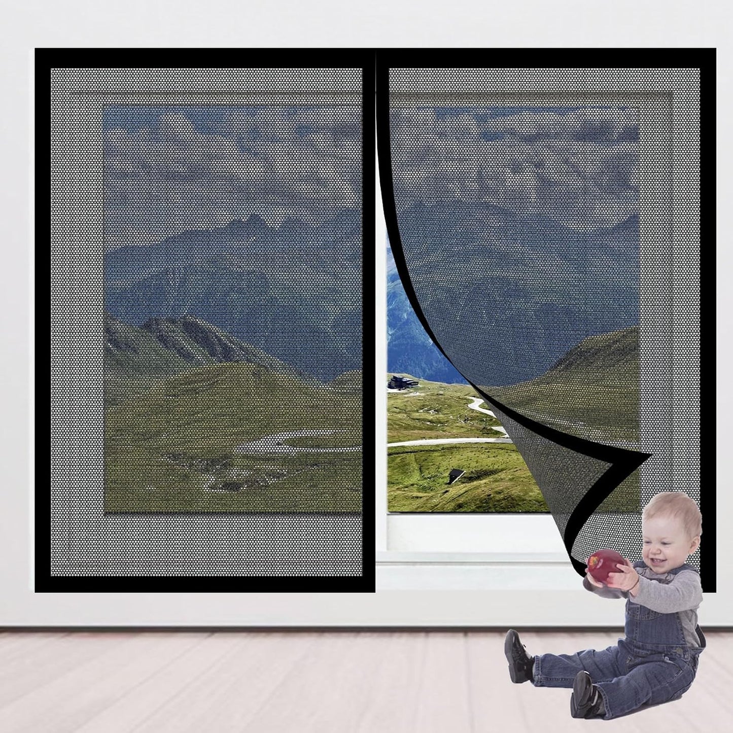  Magnetic Mosquito Net For Windows, 137 X 128 Cm, Adjustable Easy To Install Automatic Closing For Bay Window, Black