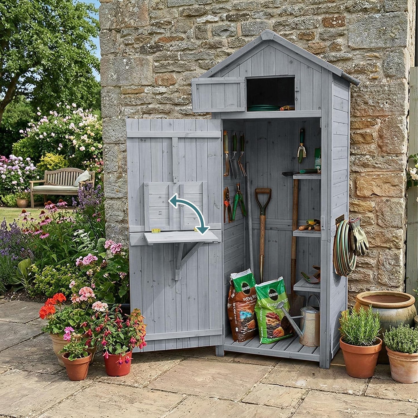  Relaxdays Armoire De Jardin, Bois, Toit étanche, 3 étagères, Table Pliante, H X L X P 180,5×75×50 Cm, Gris