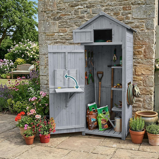  Relaxdays Armoire De Jardin, Bois, Toit étanche, 3 étagères, Table Pliante, H X L X P 180,5×75×50 Cm, Gris