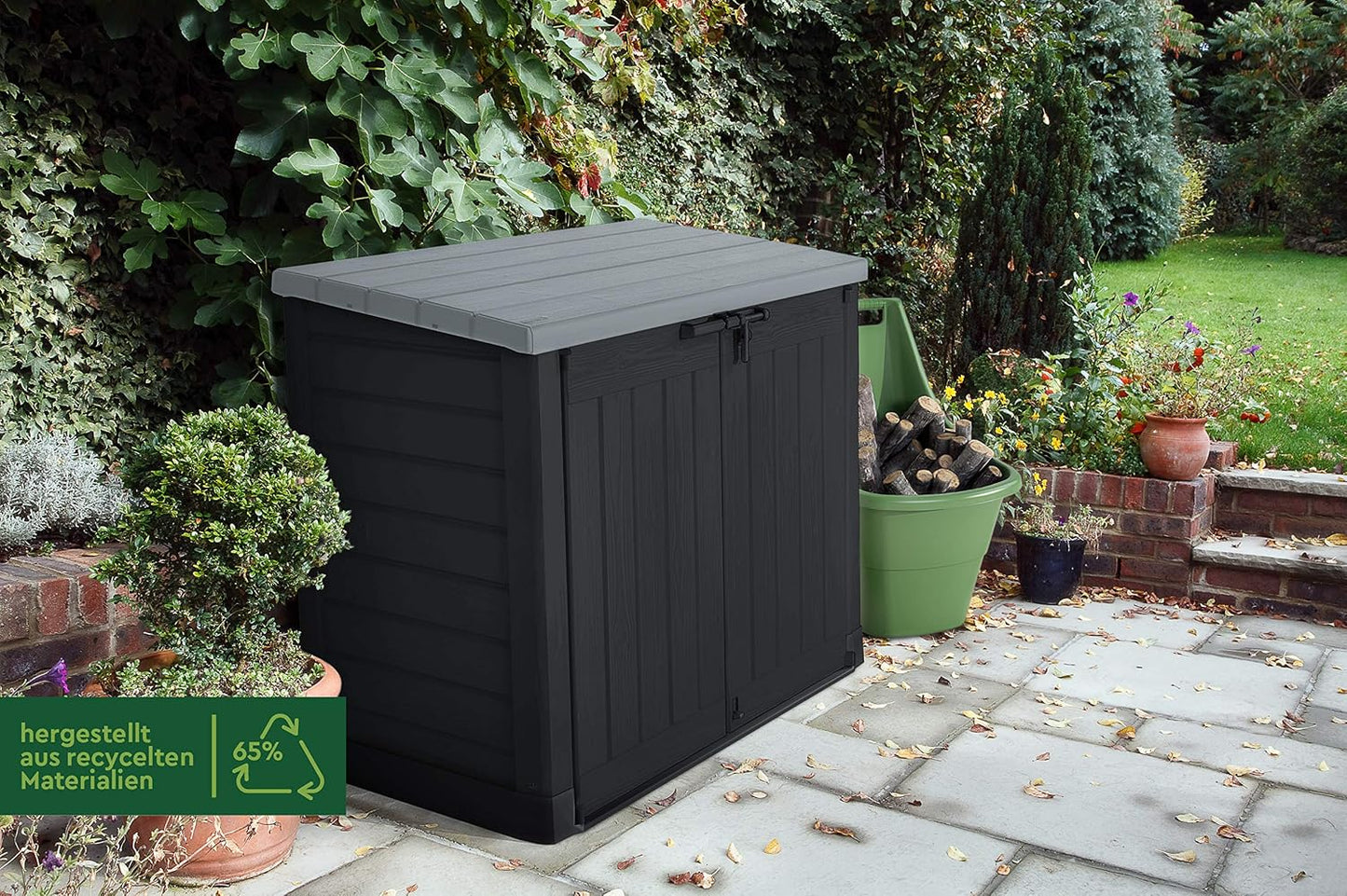  KETER Coffre De Rangement Extérieur En Résine 1200 Litres Noir Et Gris Range Poubelles Ou Vélo