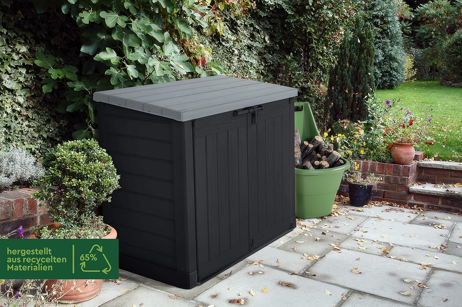  KETER Coffre De Rangement Extérieur En Résine 1200 Litres Noir Et Gris Range Poubelles Ou Vélo