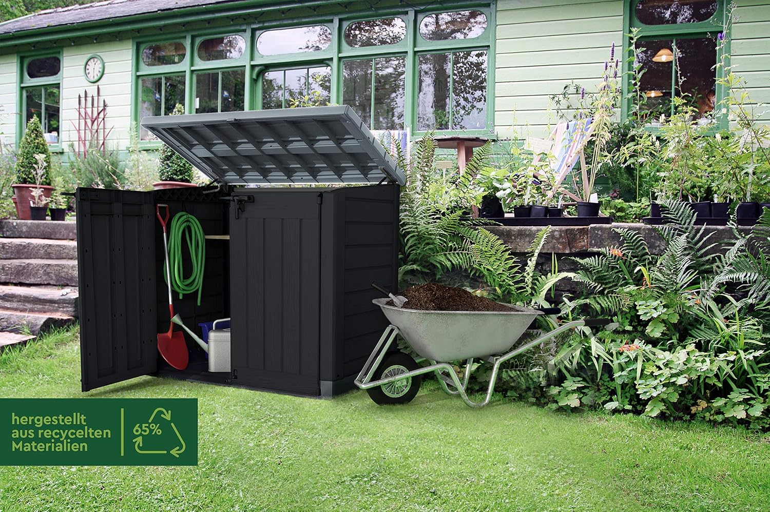  KETER Coffre De Rangement Extérieur En Résine 1200 Litres Noir Et Gris Range Poubelles Ou Vélo